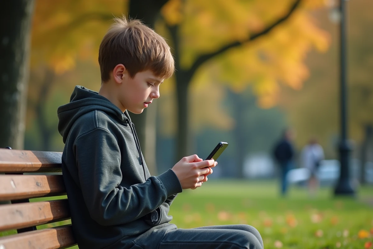 Adolescent lisant des webtoons sur un banc dans un parc