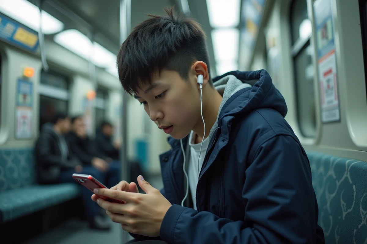 Adolescent lisant un scan manga sur mobile dans le métro en uniforme scolaire