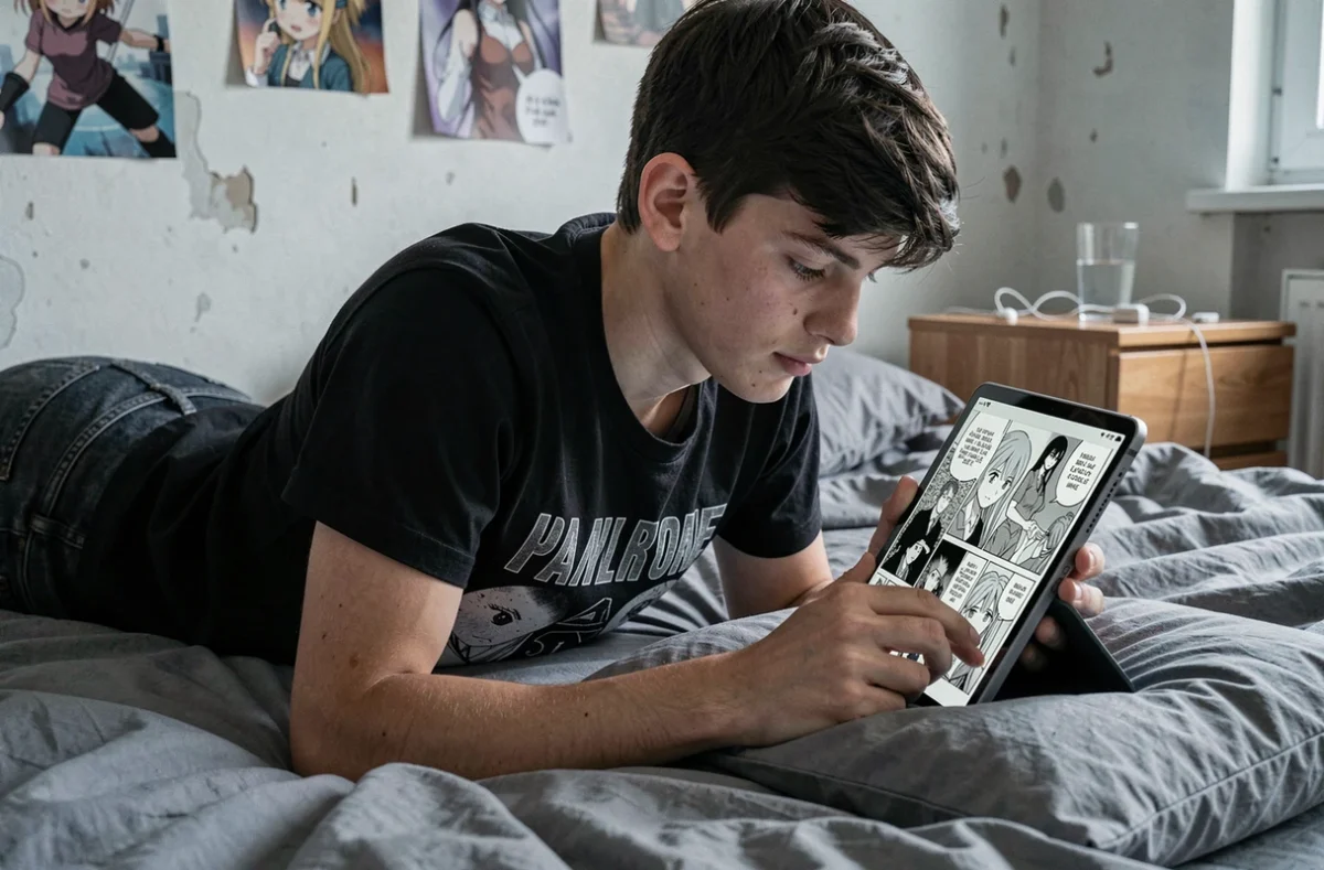 Adolescent lisant les scans Demon Slayer en version française sur tablette dans sa chambre