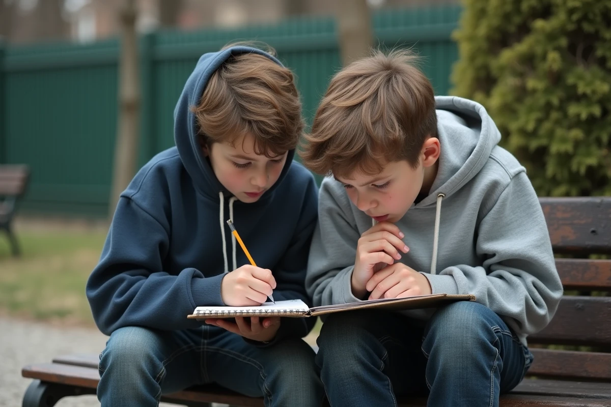 Deux adolescents jouant au jeu du pendu avec un carnet sur un banc de parc en plein air