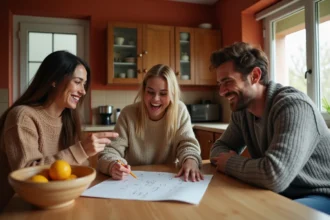 Groupe d'adultes jouant au jeu du pendu autour d'une table en bois avec un carnet et un crayon