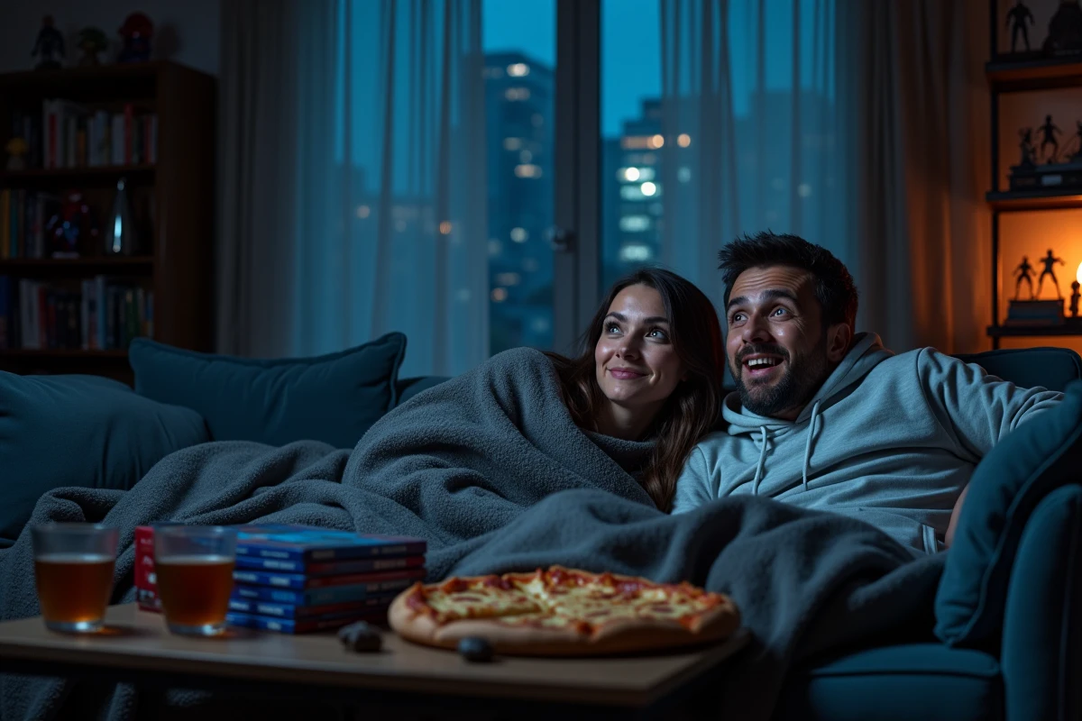 Deux amis regardant la saga Spider-Man Tom Holland dans l'ordre avec des Blu-ray sur la table basse