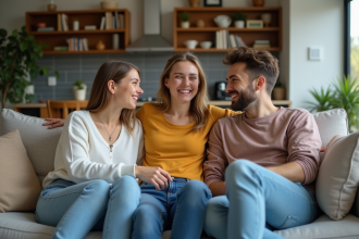 Trois jeunes adultes souriants dans un salon moderne