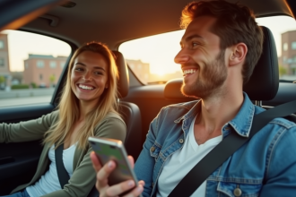 Deux amis dans une voiture moderne ensoleillée souriant avec une carte sur smartphone