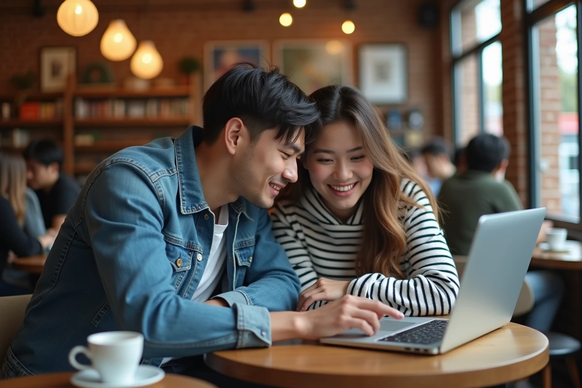 Deux amis consultant un site de lecture de mangas sur laptop dans un café urbain