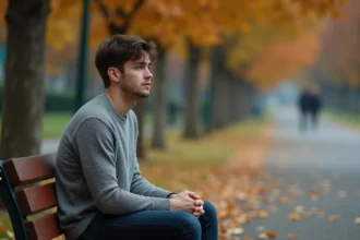 Jeune homme amoureux transi assis sur un banc de parc en automne, regardant avec tendresse et timidité vers quelqu'un hors champ