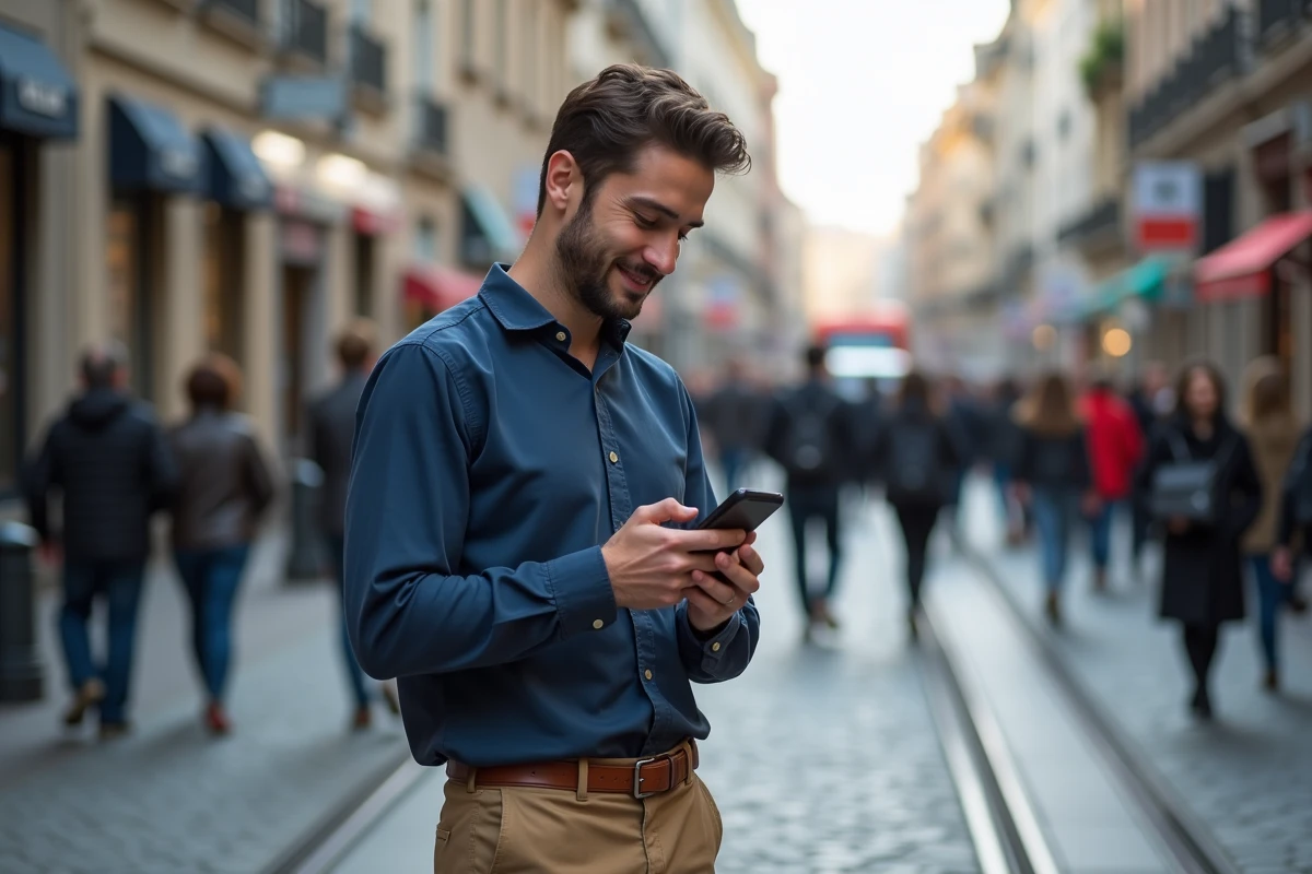 Jeune homme amoureux transi distrait dans une rue animée, souriant en regardant son téléphone et perdu dans ses pensées