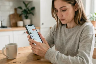 Femme consultant l'historique de ses commandes Amazon sur l'application mobile depuis sa cuisine
