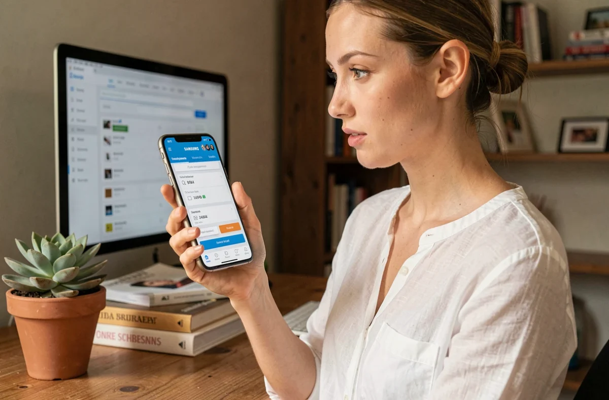 Jeune femme archivant une commande Amazon sur smartphone depuis un bureau à domicile