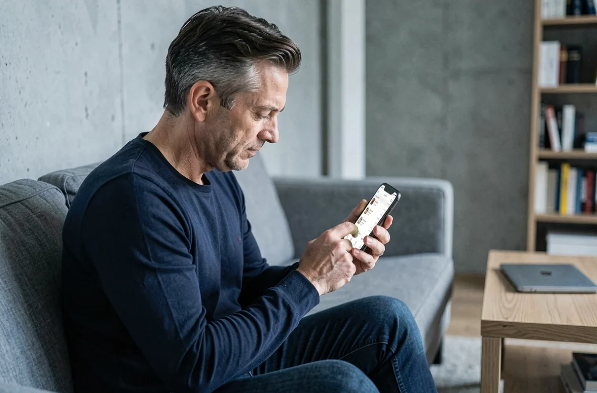 Homme utilisant l'application Amazon sur iPhone pour archiver une commande depuis son salon