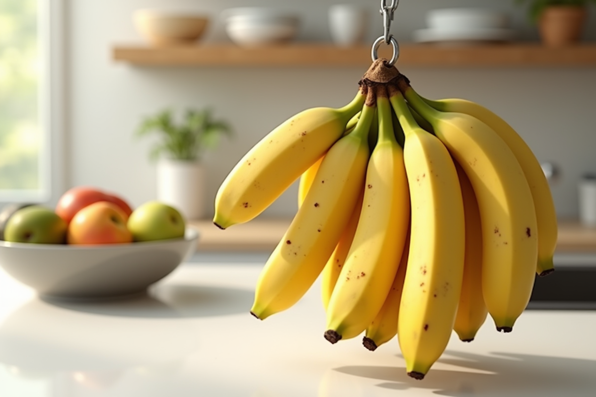 Bananes suspendues dans une cuisine lumineuse et moderne