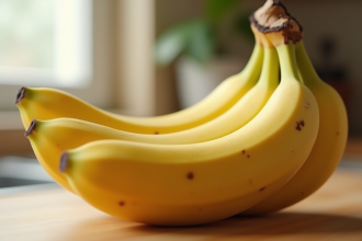 Bananes jaunes mûres sur un plan de travail en cuisine