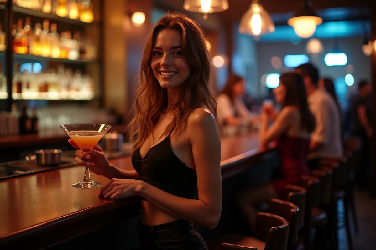 Jeune femme souriante au bar d'une boîte de nuit lilloise tenant un cocktail dans une ambiance décontractée