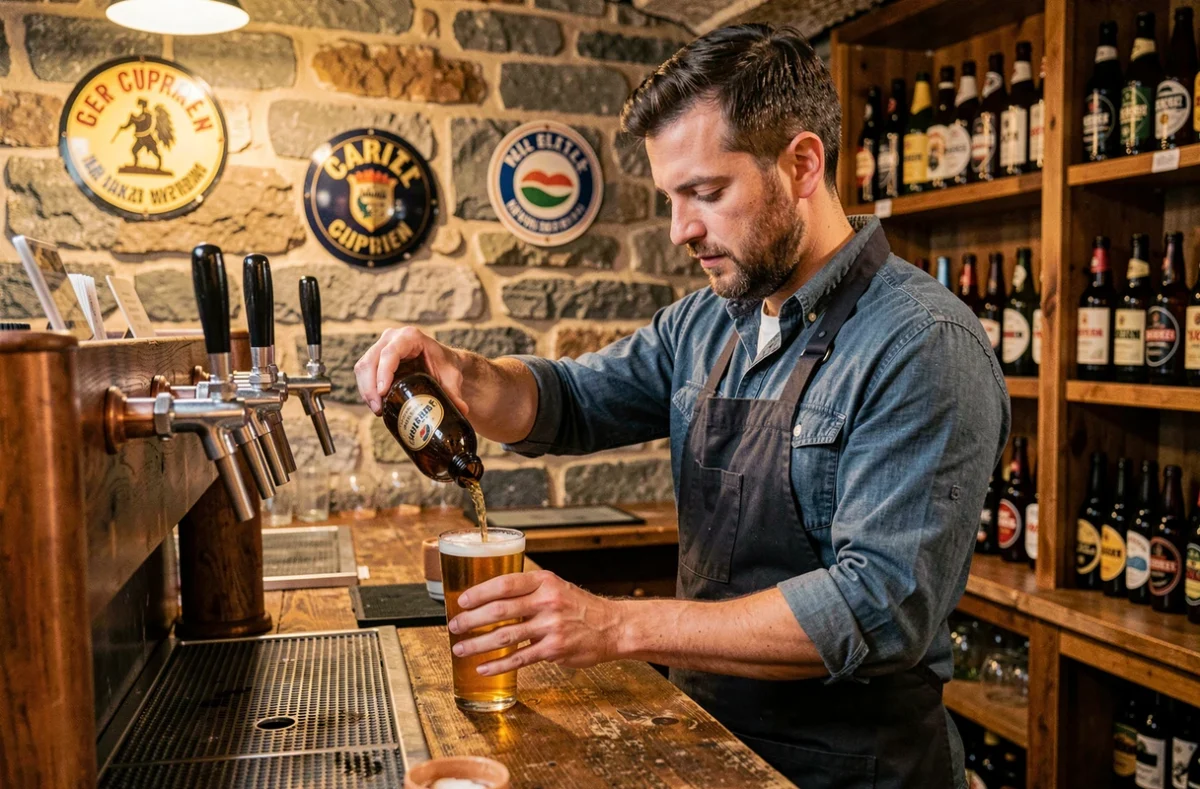 Barman versant une bière artisanale à la pression dans un bar en pierre du quartier Saint-Cyprien à Toulouse, ambiance cave authentique