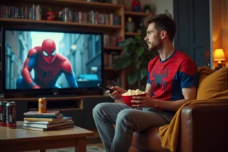 Jeune homme en t-shirt Spider-Man regardant un film Marvel en binge-watching sur son canapé avec du popcorn