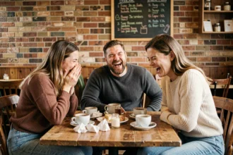 Groupe d'amis qui rient aux éclats autour d'une table de café, illustrant l'effet des blagues absurdes sur le fou rire collectif