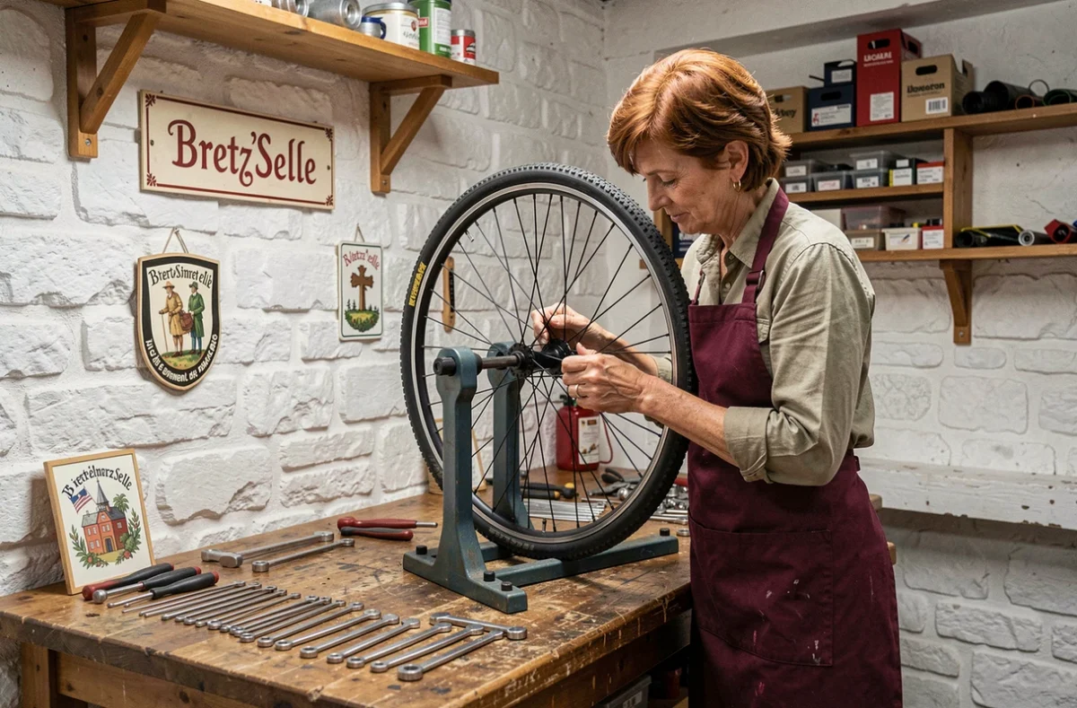Mécanicienne de Bretz'Selle centrant une roue avec un outil de voilage dans un atelier alsacien