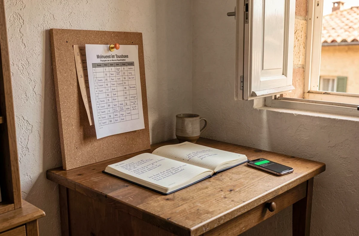 Bureau avec tableau des horaires de prière à Toulouse, carnet et rappel sur smartphone
