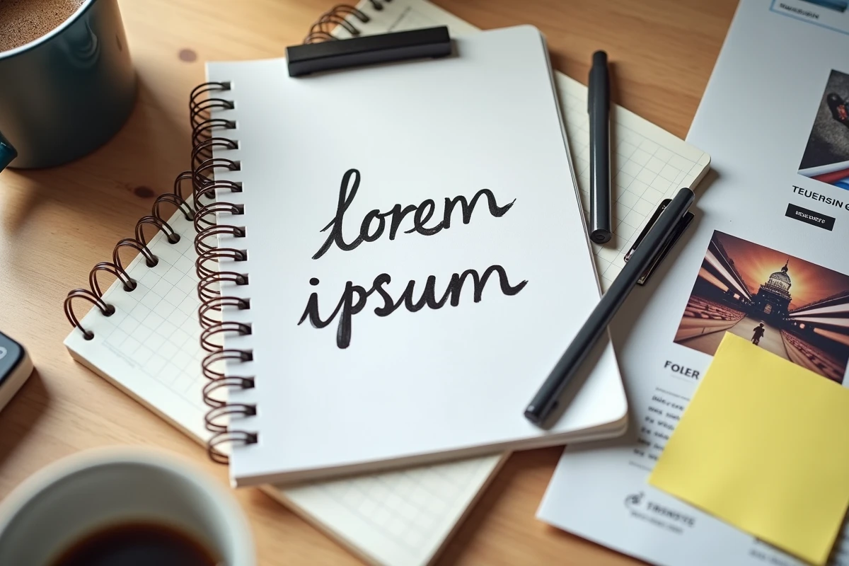 Vue aérienne d'un bureau créatif avec des brouillons Lorem Ipsum, une tablette Figma et des maquettes WordPress imprimées