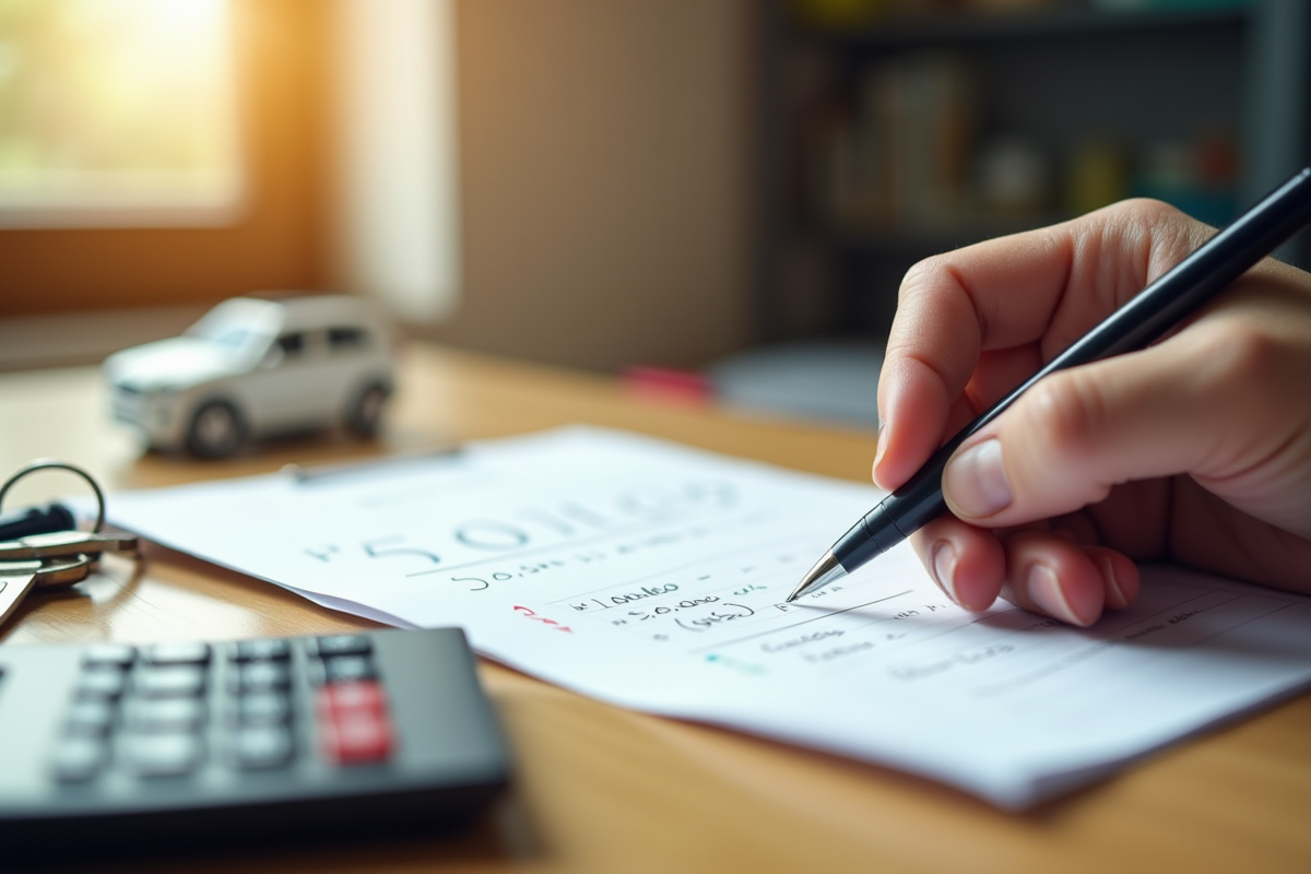 Main tenant une feuille de calculs avec calculatrice sur une table en lumière naturelle