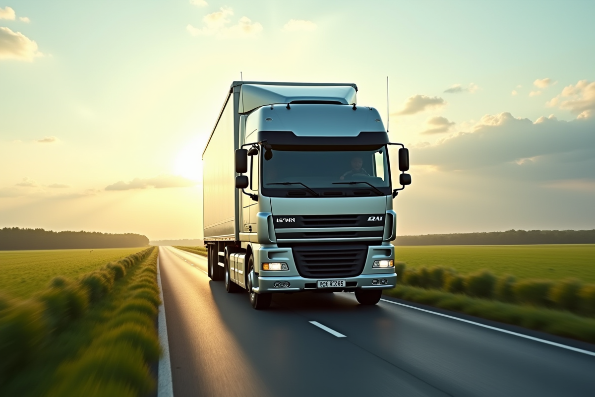 Camion de 15 tonnes roulant sur une route de campagne ensoleillee