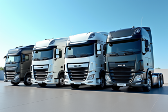 Trois camions modernes de 15 tonnes dans un concessionnaire