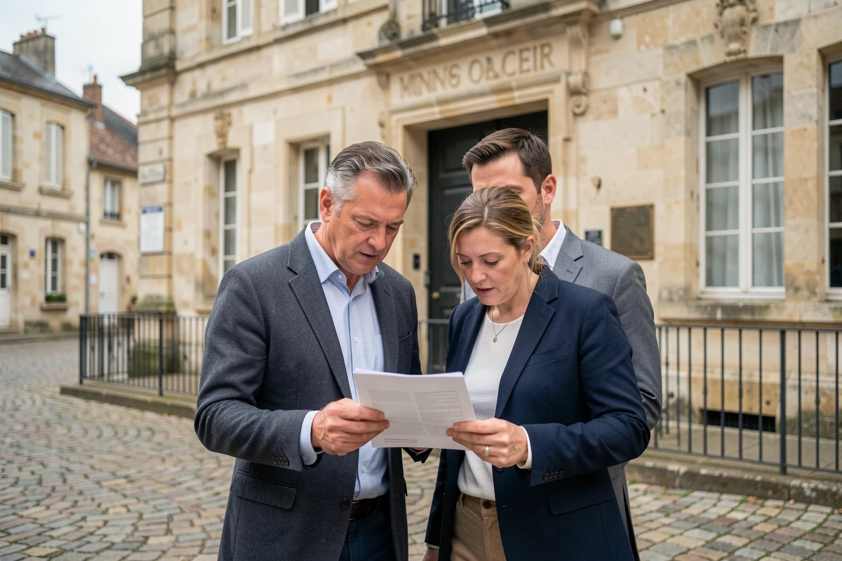 Candidats aux élections municipales consultant les informations sur la rémunération devant une mairie française