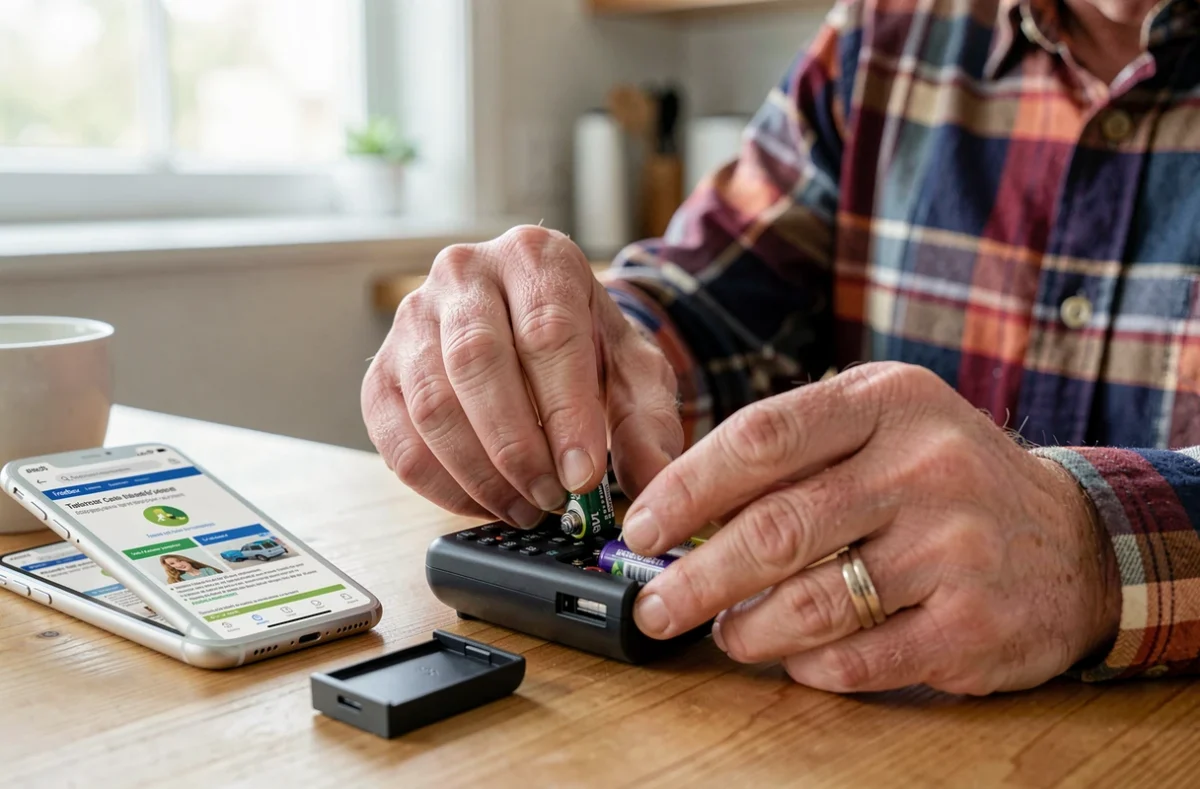 Homme en train de changer les piles d'une télécommande Freebox ouverte posée sur une table de cuisine