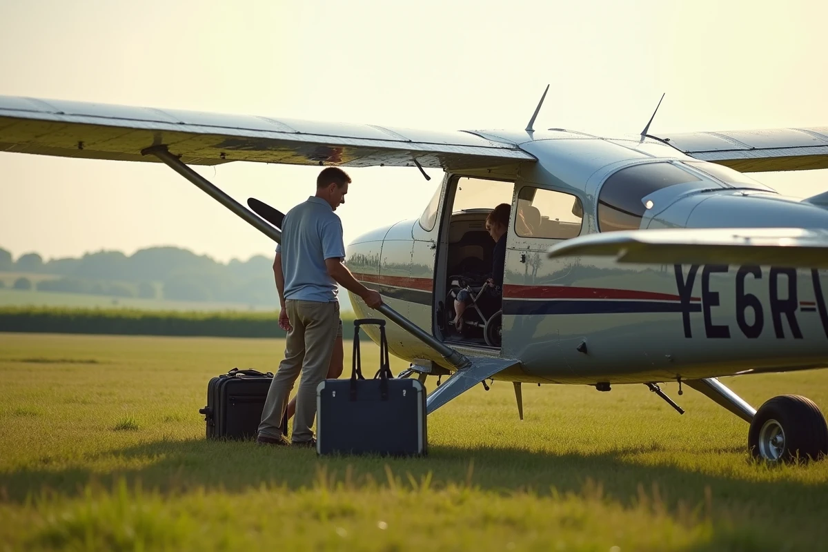 Chargement des bagages dans le compartiment d'un Cessna 172 sur une piste en herbe en campagne, couple préparant un voyage en famille avec petit avion monomoteur