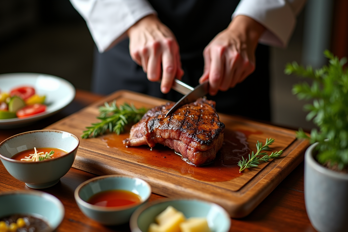 Chef tranchant un gigot d’agneau avec sauces colorées