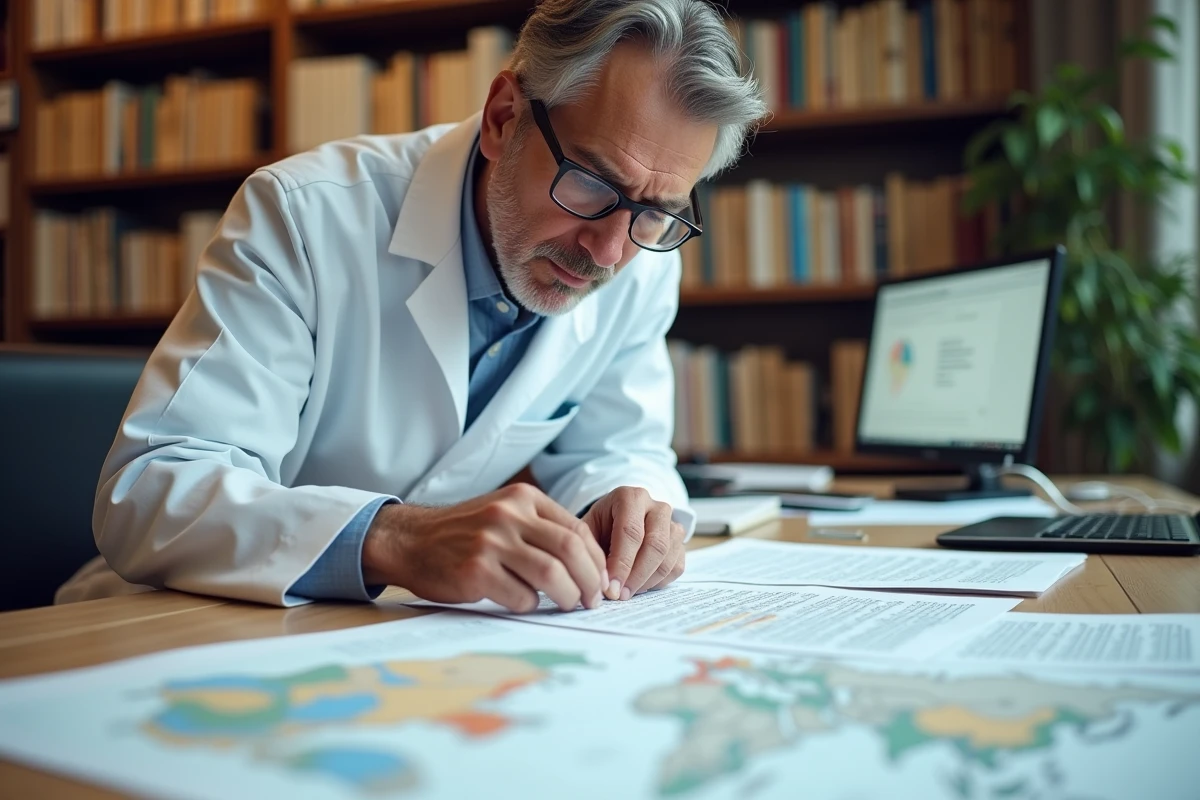 Chercheur analysant des données anthropométriques et des tableaux de taille moyenne par pays dans un bureau universitaire