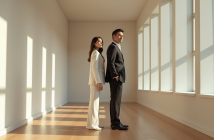 Homme et femme élégants en tenue classique dans une pièce lumineuse