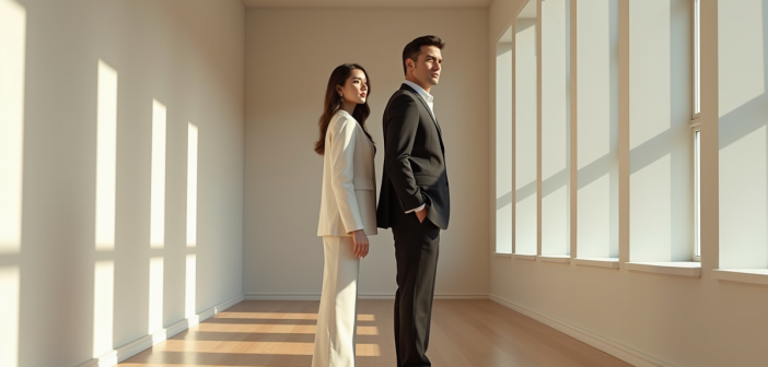 Homme et femme élégants en tenue classique dans une pièce lumineuse