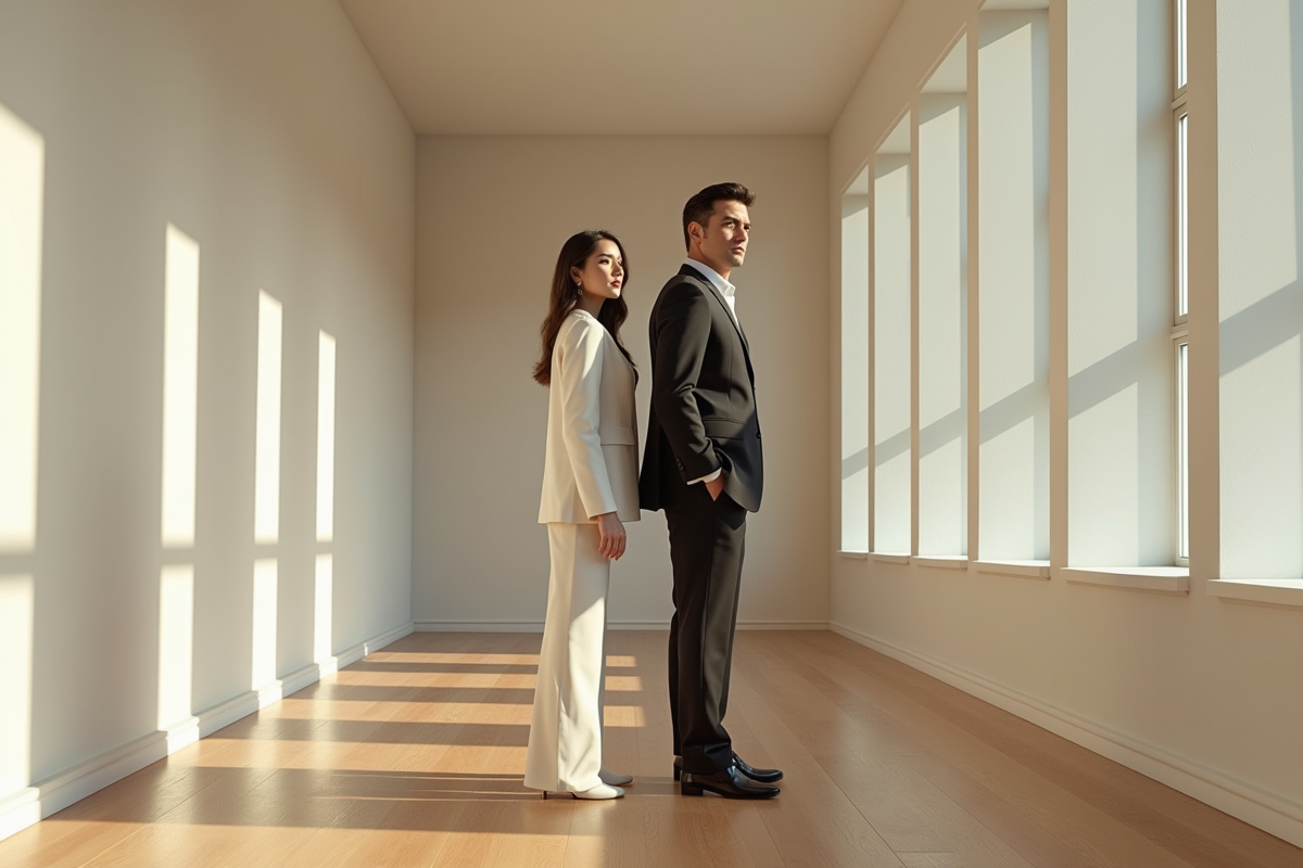Homme et femme élégants en tenue classique dans une pièce lumineuse