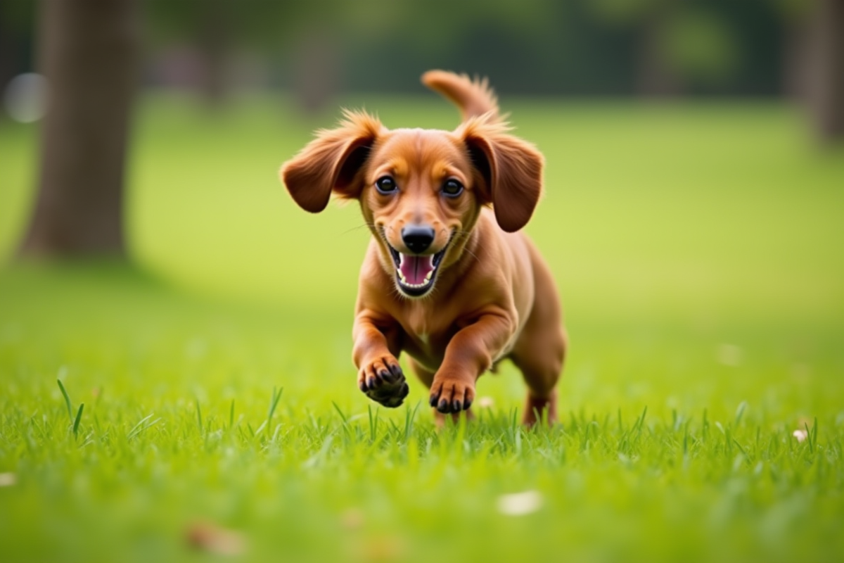 Chien dachshund courant dans un parc vert