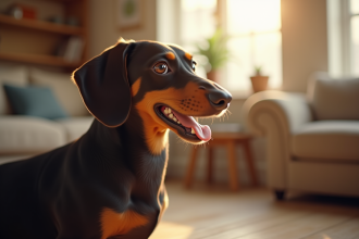 Chien dachshund attentif dans un salon lumineux