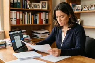Femme consultant des documents et une plateforme de numérisation légale sur son ordinateur portable dans un bureau à domicile