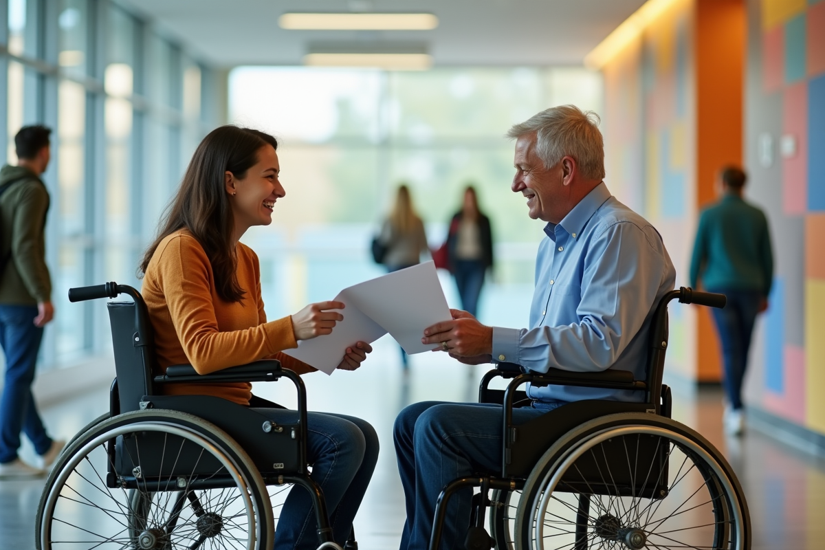 Jeune femme en fauteuil partage documents avec un homme