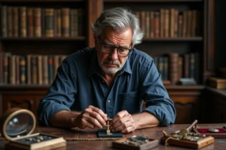 Collectionneur examinant un médaillon à croix templière avec une loupe dans un bureau d'antiquaire