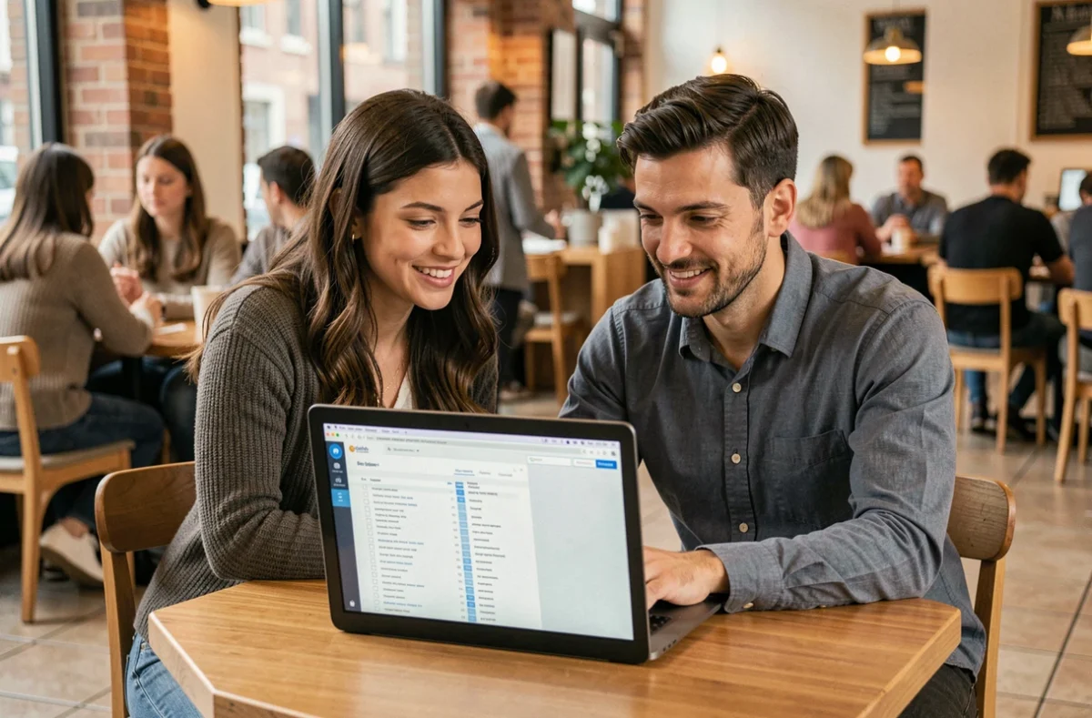 Deux collègues consultant ensemble un guide de bonnes pratiques sur un ordinateur portable dans un espace de coworking