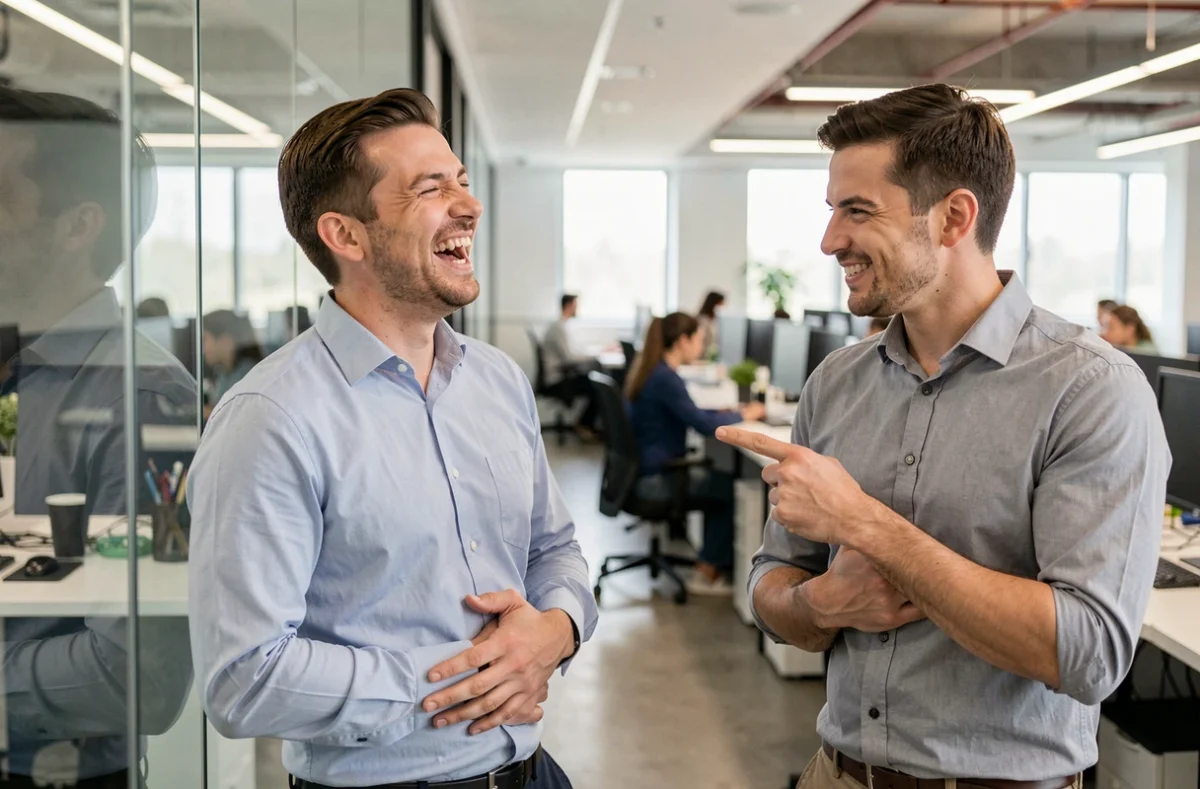 Deux collègues de bureau qui rient ensemble d'une blague nulle, illustrant l'humour absurde dans le milieu professionnel
