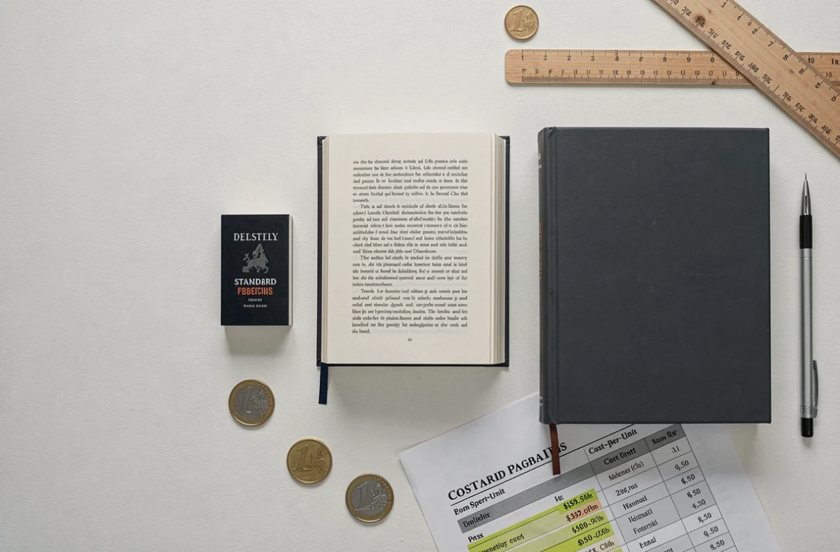 Comparaison de formats de livres avec coûts d'impression annotés en vue à plat