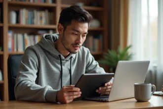 Jeune homme comparant des plateformes de lecture de manga sur tablette et ordinateur portable dans un bureau cosy