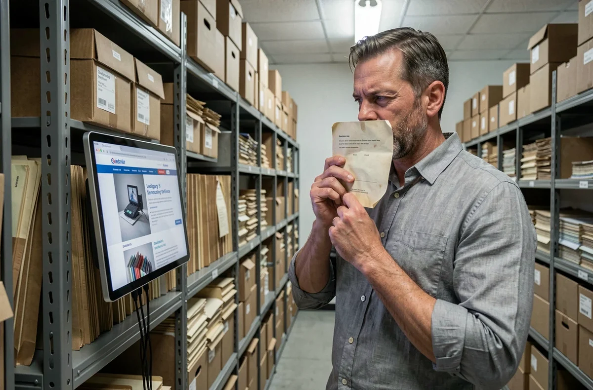 Homme dans une salle d'archives comparant un service de scan legacy à une plateforme légale sur une tablette