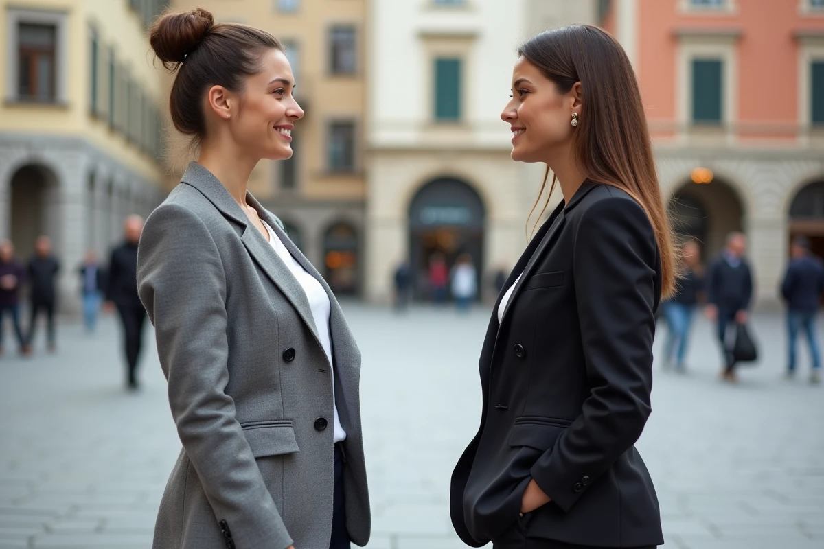 Deux femmes de tailles différentes en conversation dans une place urbaine européenne illustrant les variations morphologiques entre populations
