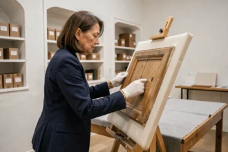 Conservatrice de musée examinant un petit panneau de bois peint sur un chevalet de conservation, illustrant l'étude des dimensions de la Joconde