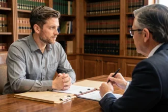 Homme consultan un avocat autour d'un dossier juridique pour une affaire de vol sans antécédent