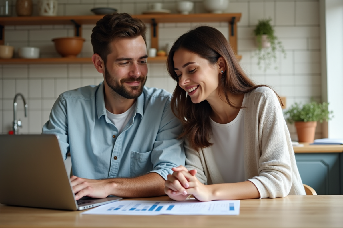 Jeune couple regardant des graphiques de prêt immobilier sur un ordinateur