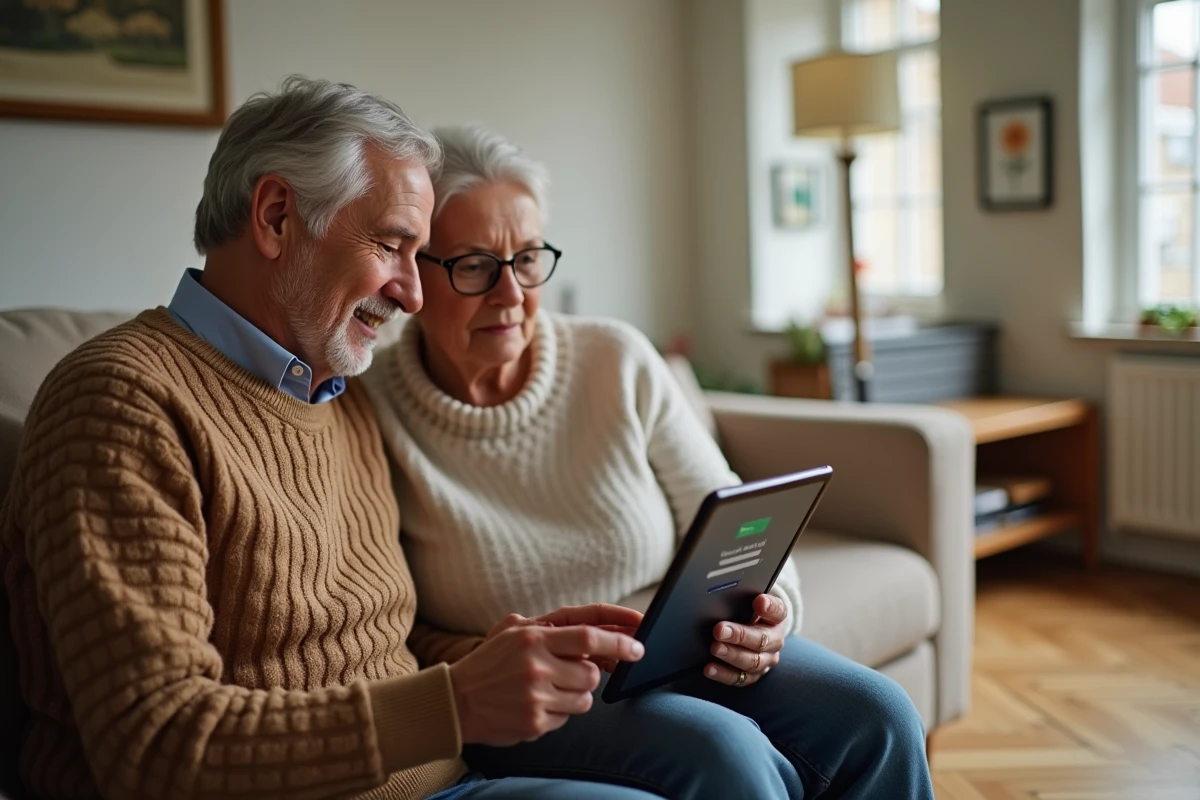 Couple essayant de récupérer l'accès à leur compte client EDF ENR sur une tablette dans leur salon