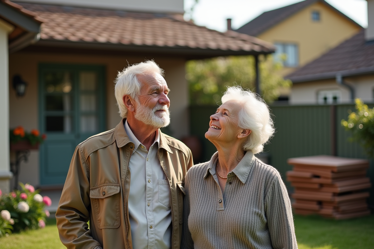 Couple retraité regardant le toit de leur maison
